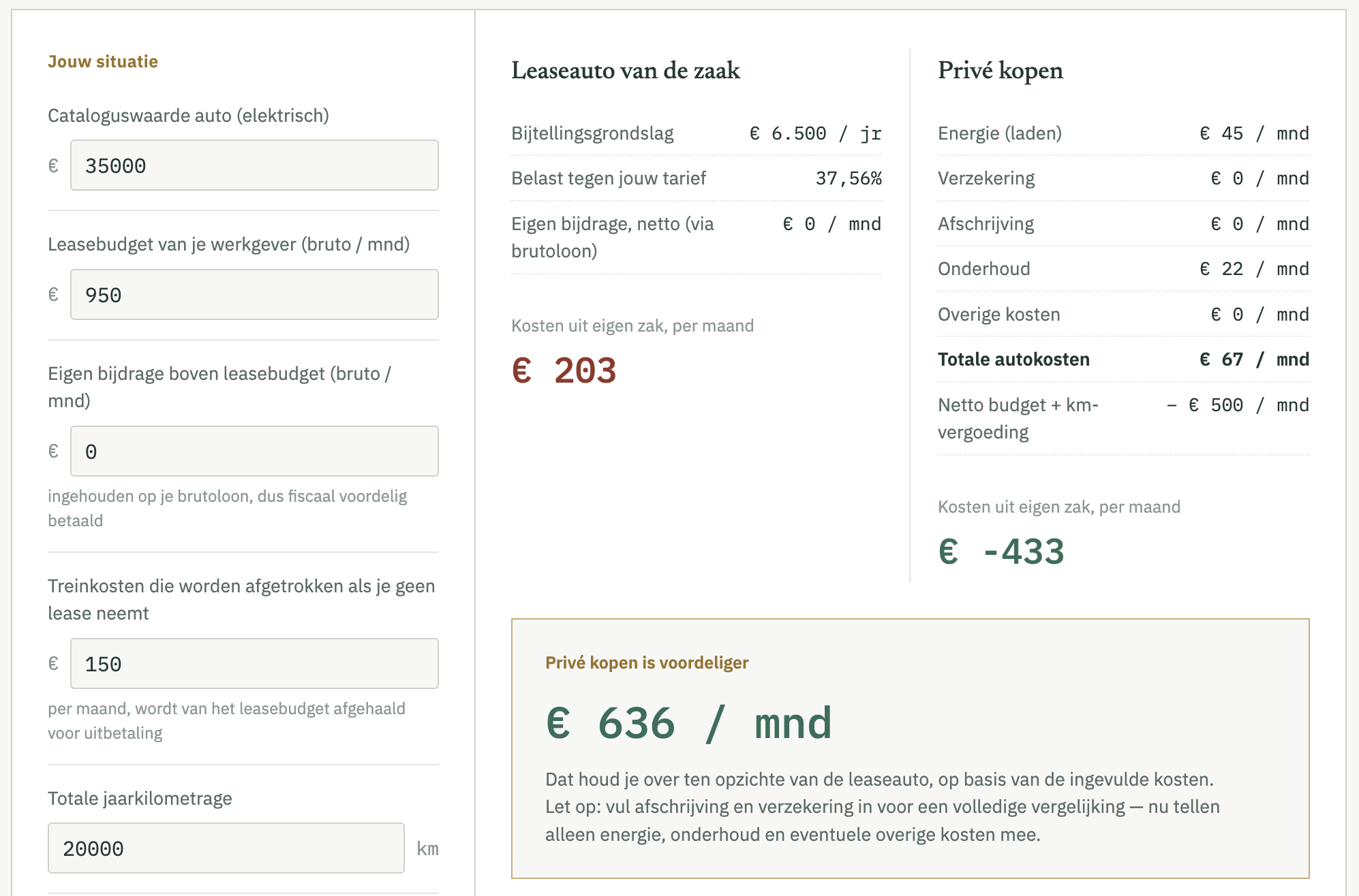 Screenshot auto lease vs privé rekentool