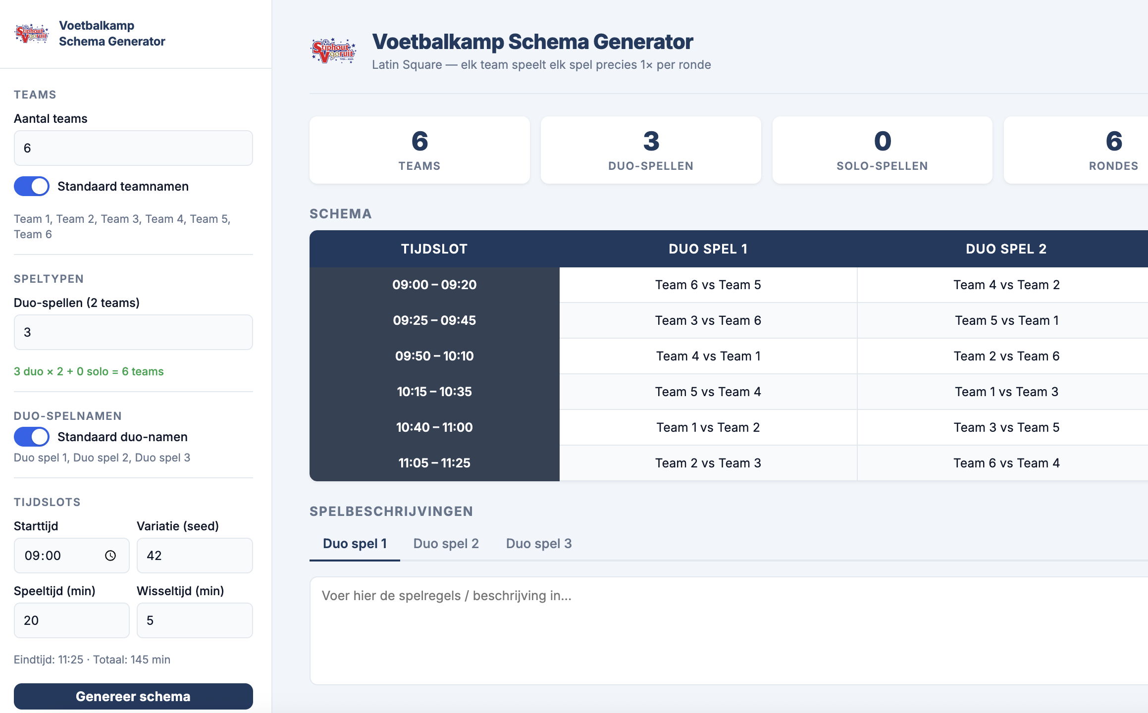 Screenshot voetbalkamp schema generator